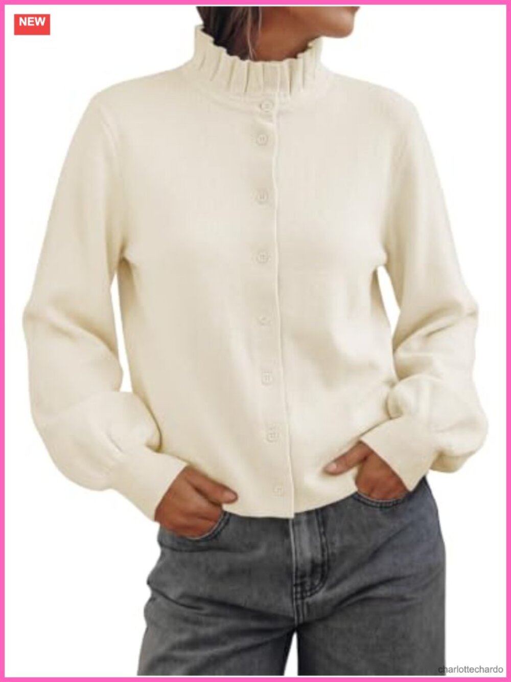 Puff Sleeve Ruffle Collar Cardigan - Lightweight Knit